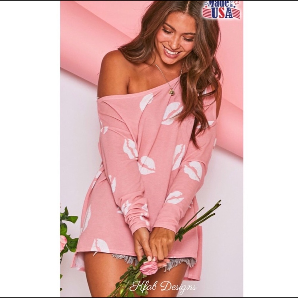New! Sale!🔥 Barbie Pink w/ Lips Asymmetrical Cut Out Shoulder Cold Shoulder Top - Picture 6 of 9